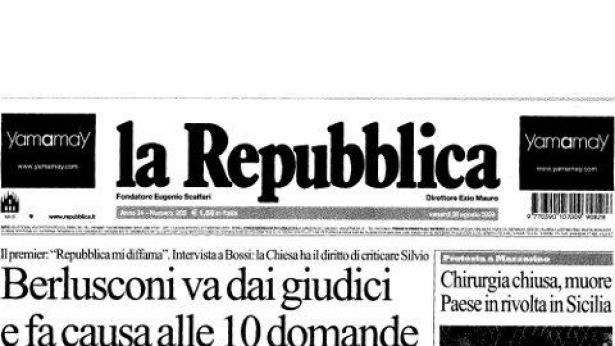 La prima de "La Repubblica" del 28 agosto 2009