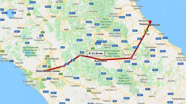 Il tracciato della linea Pescara-Roma